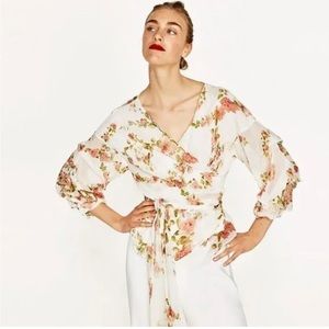 ZARA Floral Chiffon Print Wrap Blouse size XL